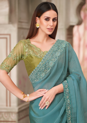 Teal Blue Rainbow Georgette Saree with Tussar Silk Blouse