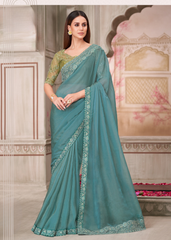 Teal Blue Rainbow Georgette Saree with Tussar Silk Blouse