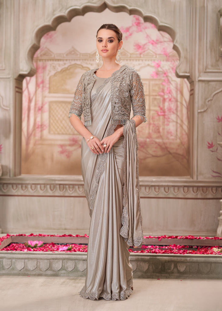 Pearl Grey Shimmer Satin Silk Saree with Jacket Net Blouse