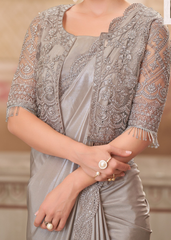 Pearl Grey Shimmer Satin Silk Saree with Jacket Net Blouse