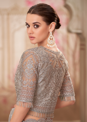 Pearl Grey Shimmer Satin Silk Saree with Jacket Net Blouse