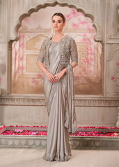 Pearl Grey Shimmer Satin Silk Saree with Jacket Net Blouse