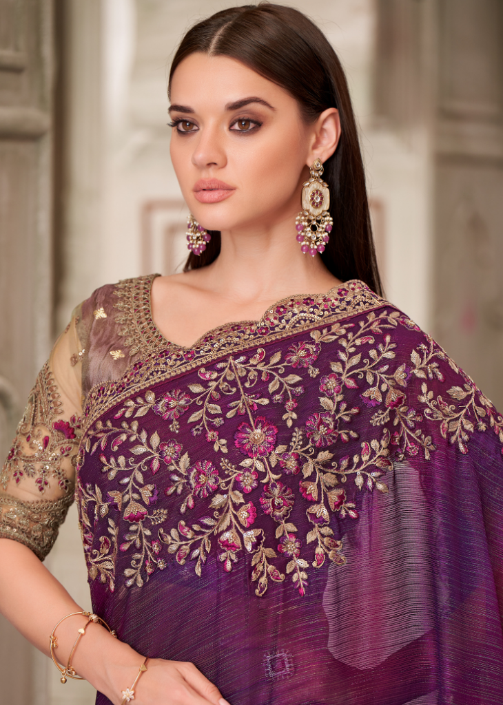 Mulberry Shimmer Satin Georgette Saree with Pure Silk Blouse