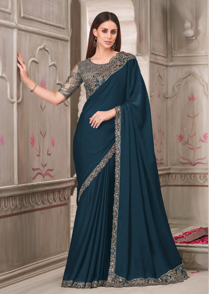 Navy Glass Silk Chiffon Saree with Tussar Silk Embroidered Blouse