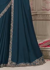 Navy Glass Silk Chiffon Saree with Tussar Silk Embroidered Blouse