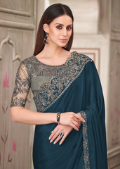 Navy Glass Silk Chiffon Saree with Tussar Silk Embroidered Blouse