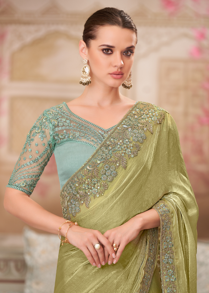 Olive Glass Silk Chiffon Saree with Elegant Tussar Silk Blouse