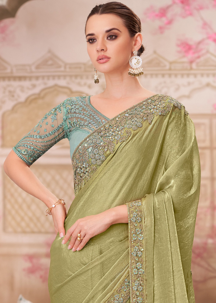 Olive Glass Silk Chiffon Saree with Elegant Tussar Silk Blouse