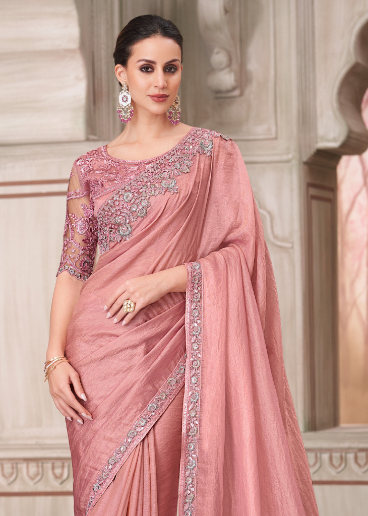Powder Pink Georgette Saree with Ornate Tussar Silk Blouse
