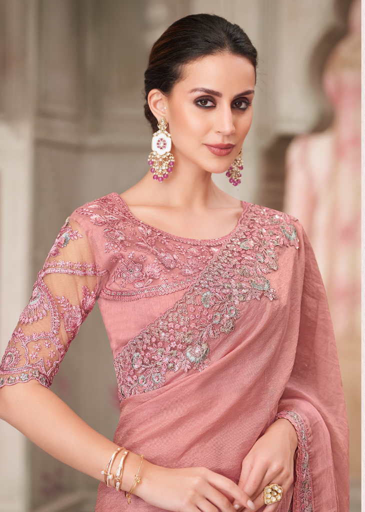 Powder Pink Georgette Saree with Ornate Tussar Silk Blouse