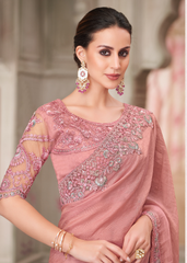 Powder Pink Georgette Saree with Ornate Tussar Silk Blouse