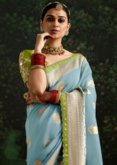 Sky Blue Dola Silk Saree with Lime Embroidered Blouse