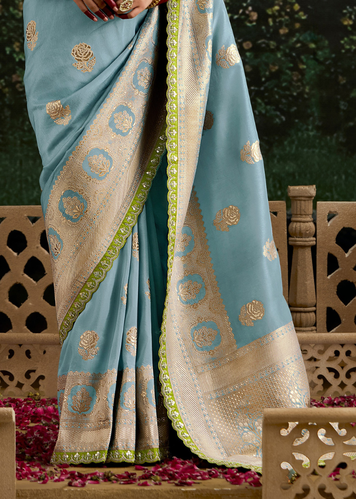 Sky Blue Dola Silk Saree with Lime Embroidered Blouse