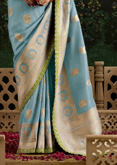 Sky Blue Dola Silk Saree with Lime Embroidered Blouse