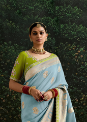 Sky Blue Dola Silk Saree with Lime Embroidered Blouse