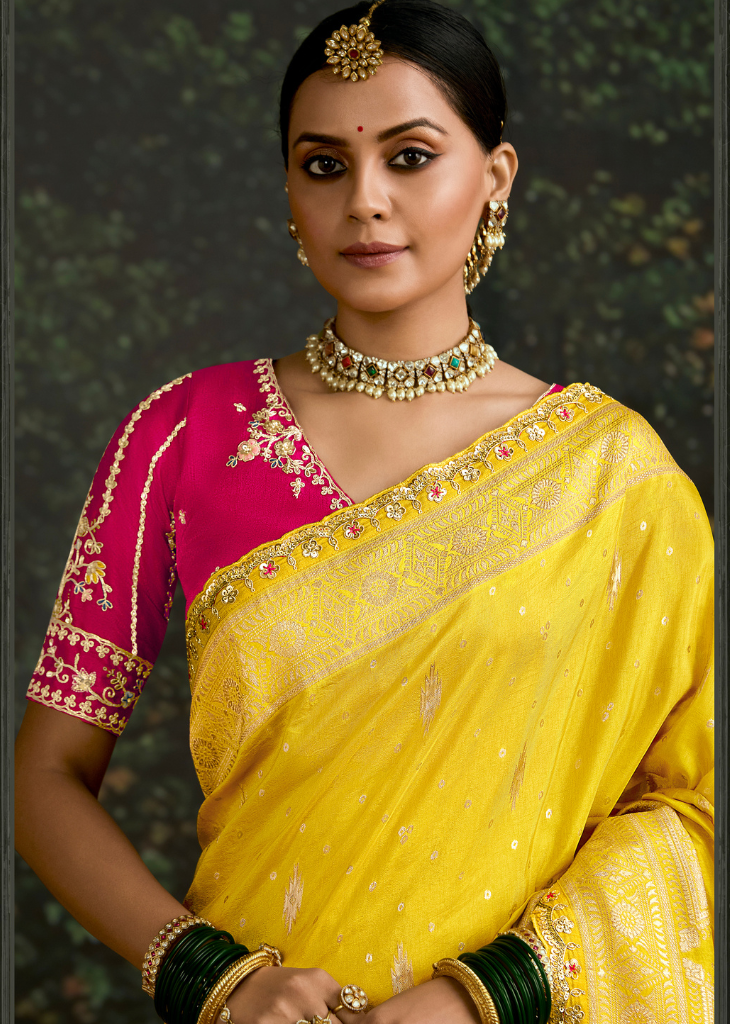 Yellow Dola Silk Saree with Embroidery & Pink Blouse