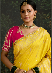 Yellow Dola Silk Saree with Embroidery & Pink Blouse