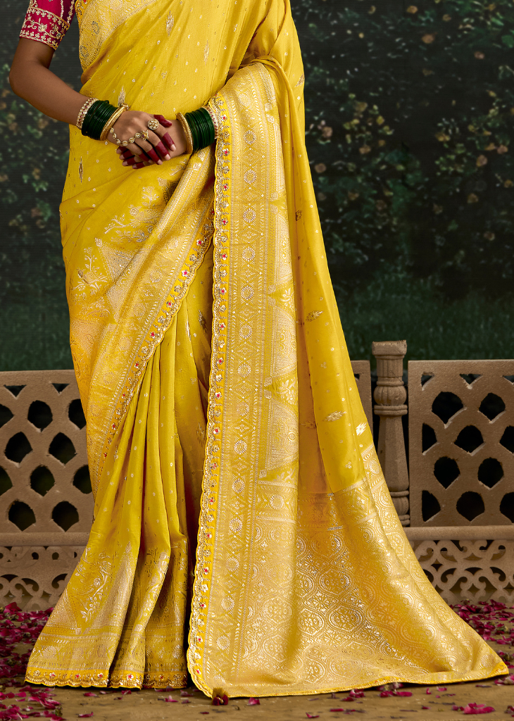 Yellow Dola Silk Saree with Embroidery & Pink Blouse