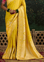 Yellow Dola Silk Saree with Embroidery & Pink Blouse