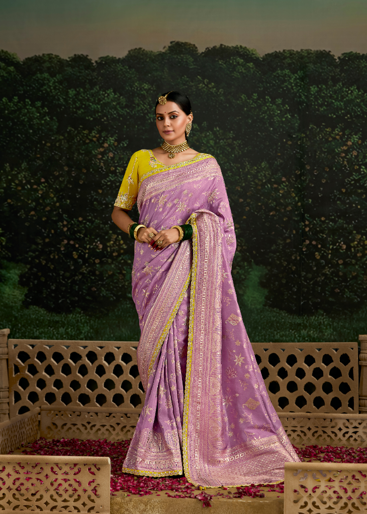 Lavender Dola Silk Saree with Embroidered Yellow Blouse