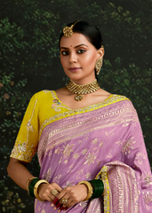 Lavender Dola Silk Saree with Embroidered Yellow Blouse