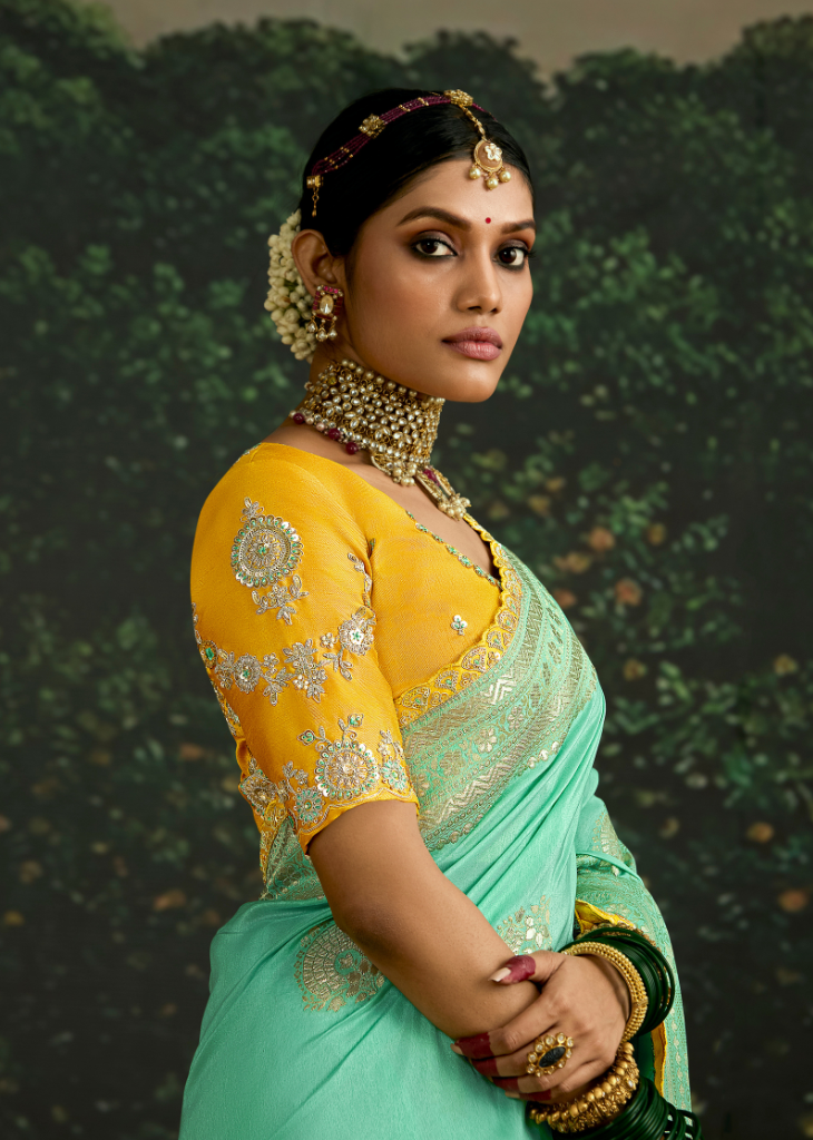 Aqua Green Dola Silk Saree with Mustard Embroidered Blouse