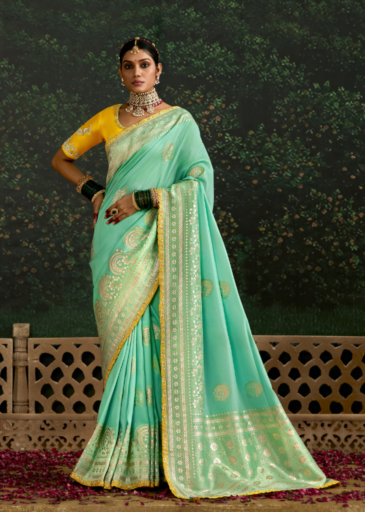 Aqua Green Dola Silk Saree with Mustard Embroidered Blouse