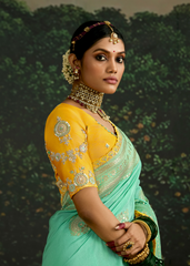 Aqua Green Dola Silk Saree with Mustard Embroidered Blouse