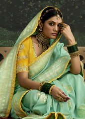 Aqua Green Dola Silk Saree with Mustard Embroidered Blouse