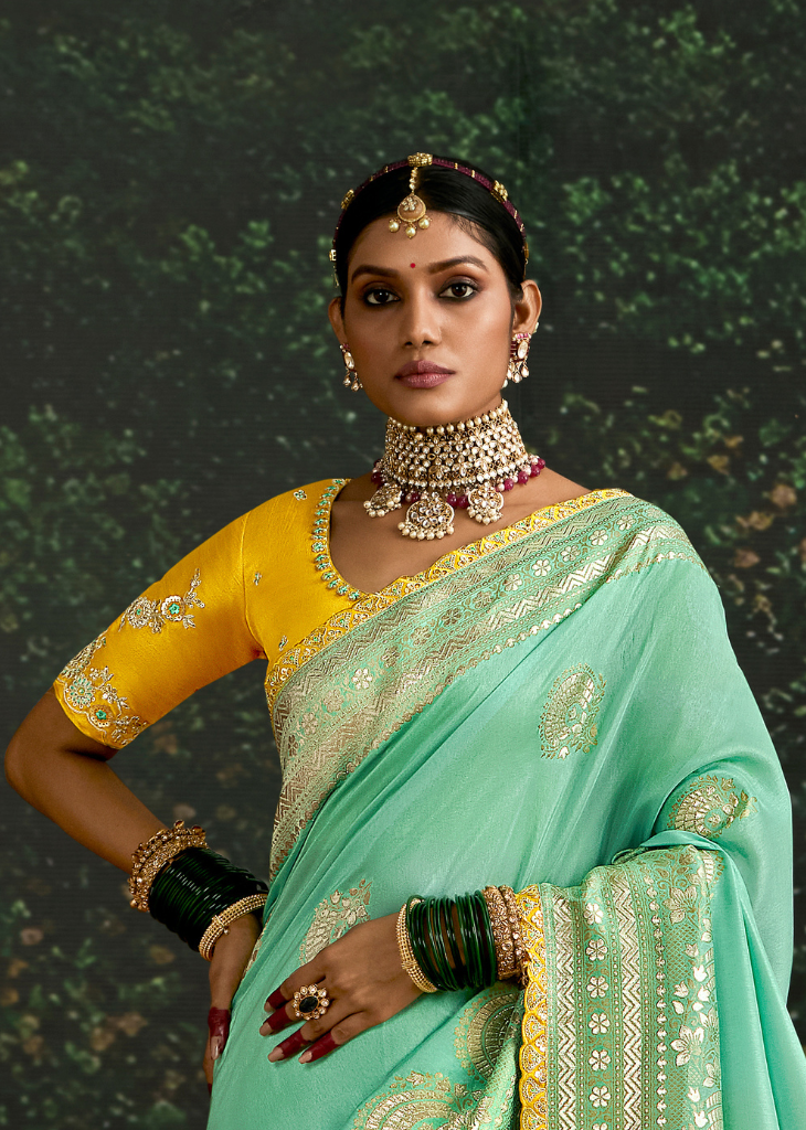 Aqua Green Dola Silk Saree with Mustard Embroidered Blouse