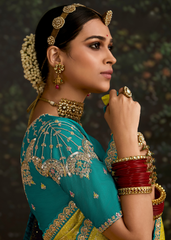 Lime Yellow Dola Silk Saree with Aqua Blue Embroidered Blouse