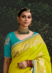 Lime Yellow Dola Silk Saree with Aqua Blue Embroidered Blouse