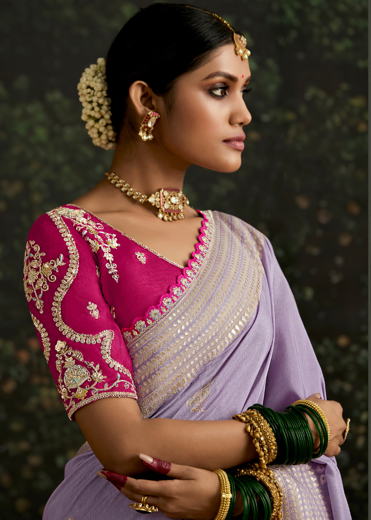 Lavender Dola Silk Saree with Hot Pink Embroidered Blouse