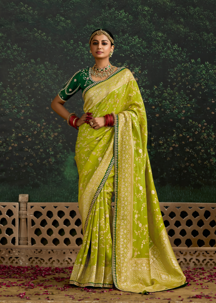 Parrot Green Dola Silk Saree with Embroidered Emerald Blouse