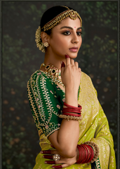 Parrot Green Dola Silk Saree with Embroidered Emerald Blouse