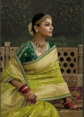 Parrot Green Dola Silk Saree with Embroidered Emerald Blouse