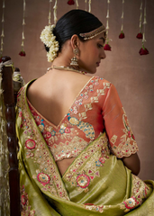 Pista Green Tissue Dola Silk Bridal Saree with Heavy Embellishments