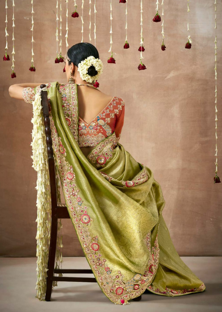 Pista Green Tissue Dola Silk Bridal Saree with Heavy Embellishments