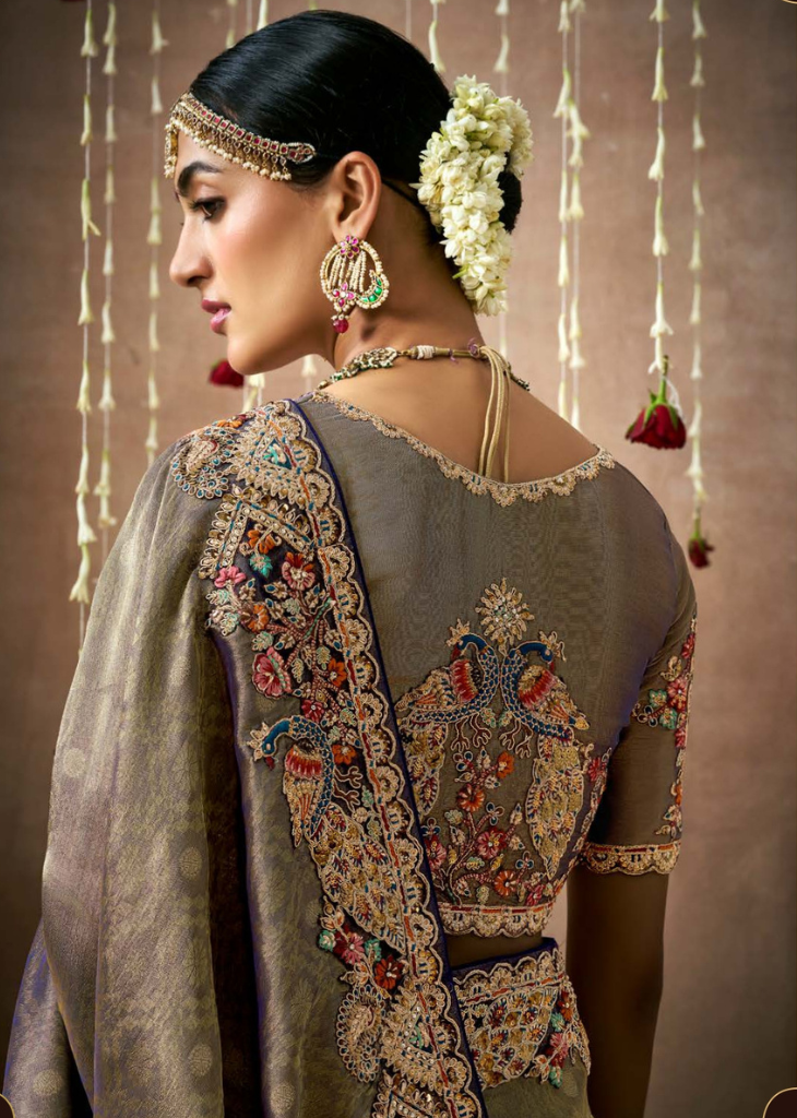 Antique Gold Tissue Silk Bridal Saree with Heavy Work