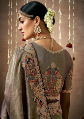 Antique Gold Tissue Silk Bridal Saree with Heavy Work