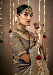Antique Gold Tissue Silk Bridal Saree with Heavy Work