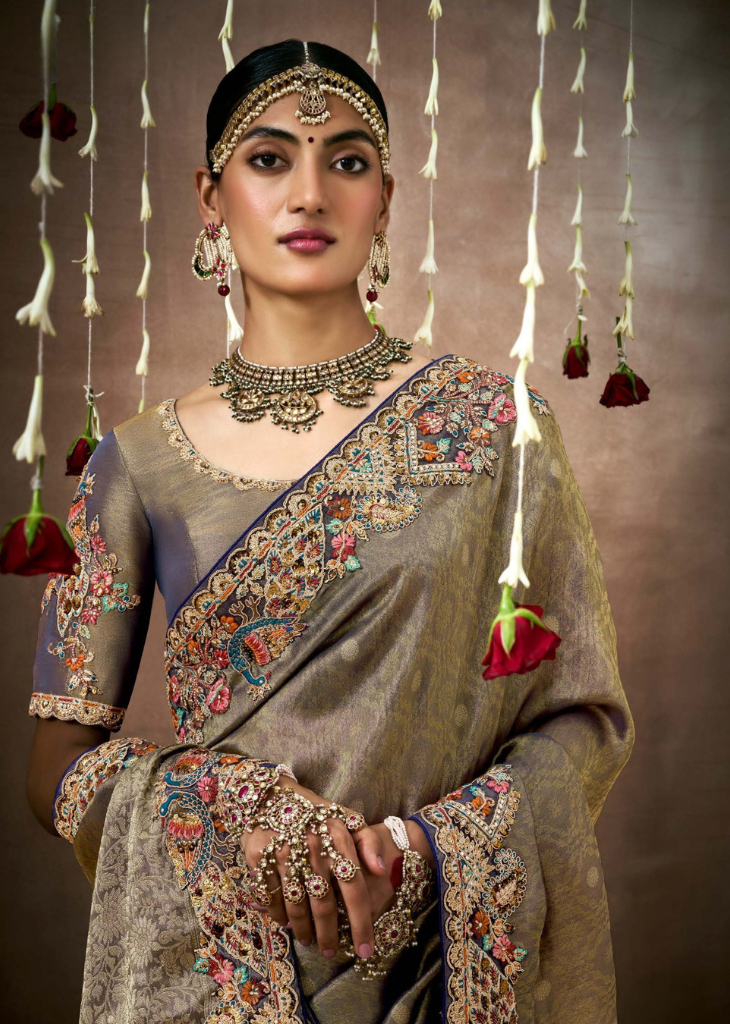 Antique Gold Tissue Silk Bridal Saree with Heavy Work