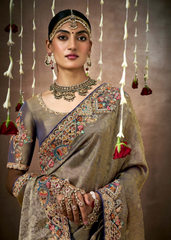 Antique Gold Tissue Silk Bridal Saree with Heavy Work