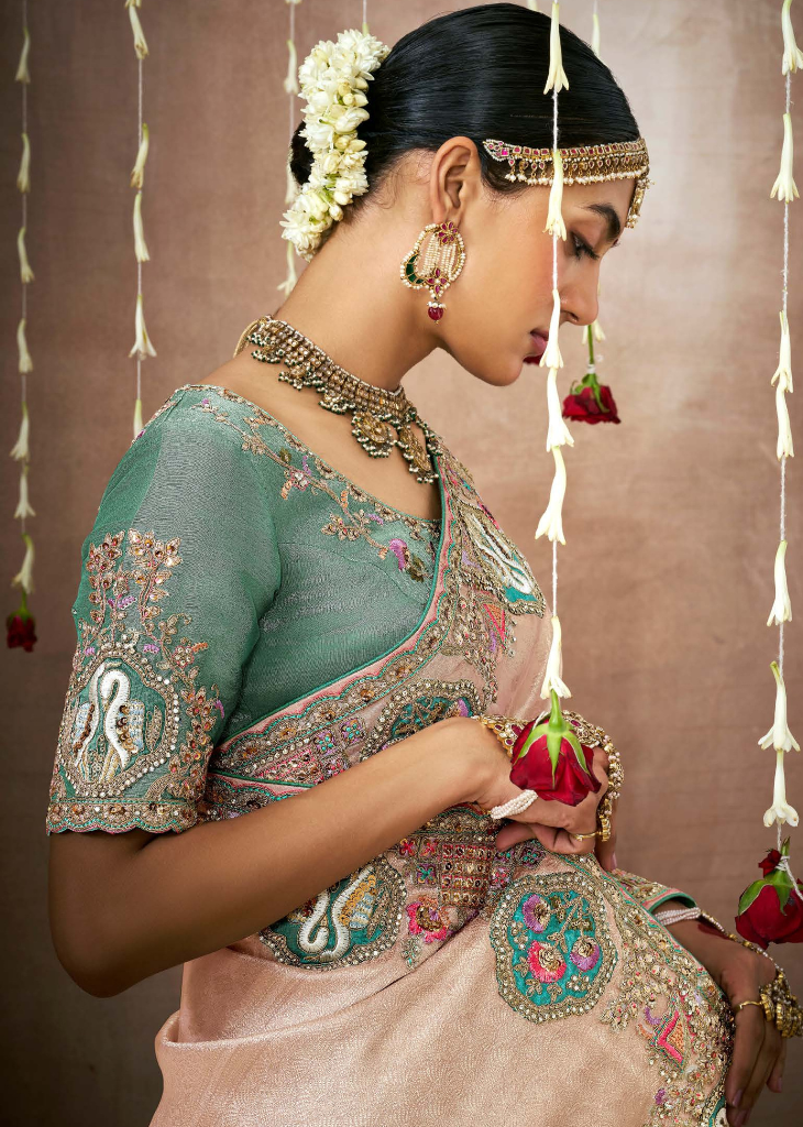 Blush Peach Tissue Silk Bridal Saree with Zari Embroidery