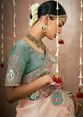 Blush Peach Tissue Silk Bridal Saree with Zari Embroidery