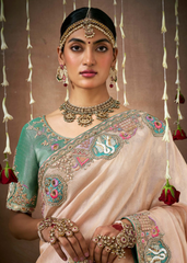 Blush Peach Tissue Silk Bridal Saree with Zari Embroidery