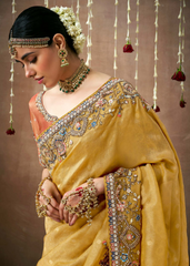 Mustard Yellow Bridal Saree in Tissue Silk with Heavy Work