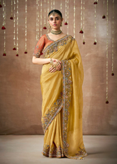 Mustard Yellow Bridal Saree in Tissue Silk with Heavy Work