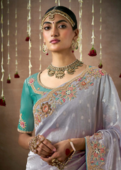 Lavender Grey Tissue Silk Bridal Saree with Heavy Work