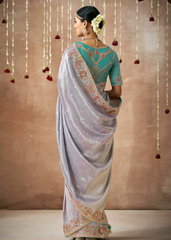 Lavender Grey Tissue Silk Bridal Saree with Heavy Work